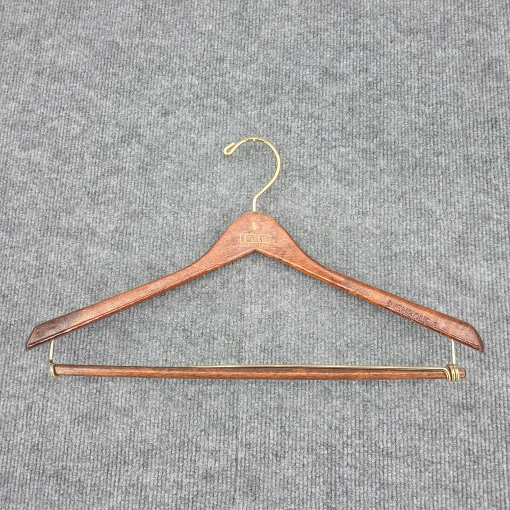 Polo Ralph Lauren Vintage Wooden Suit Hanger Wishbone Brass Trouser Bar Brown
